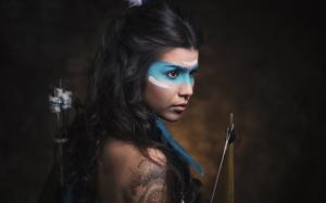 Retro style girl, blue paint makeup, bow wallpaper thumb