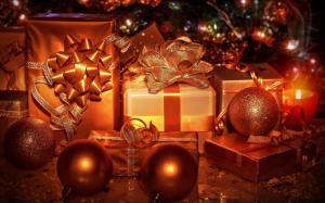 Christmas gifts, decorations, balls, ribbon, golden color wallpaper thumb