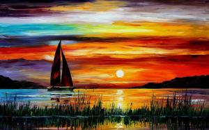 Exquisite painting, sunset sea boat wallpaper thumb