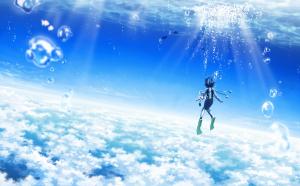 Sky, Sea, Clouds, Bubbles, Anime Girl wallpaper thumb