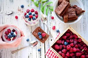 cake, cakes, raspberries, blueberries, milk wallpaper thumb