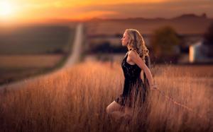 Girl in the fields, road, calm, dusk wallpaper thumb