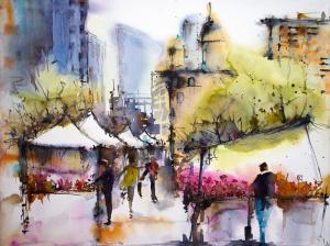 City, March, spring, people, house, watercolor wallpaper thumb