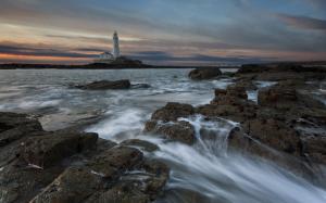 Lighthouse Ocean Rocks Stones Sunset HD wallpaper thumb