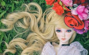 Blonde toy girl, doll, hat, flowers wallpaper thumb