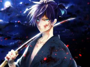 Anime boy, kimono, katana, blood, moon, night wallpaper thumb