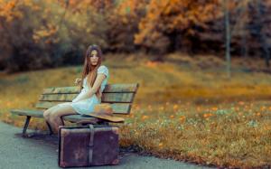 White dress girl, suitcase, wooden chair, flowers wallpaper thumb