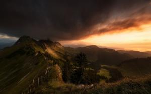 Landscape, Nature, Mountain, Valley, Sunset, Clouds, Sky, Fence, Grass, Switzerland wallpaper thumb