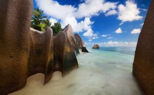 Landscape, Nature, Beach, Rock, Clouds, Sea, Sand, Palm Trees, Coves, Seychelles, Island, Tropical, Summer wallpaper thumb