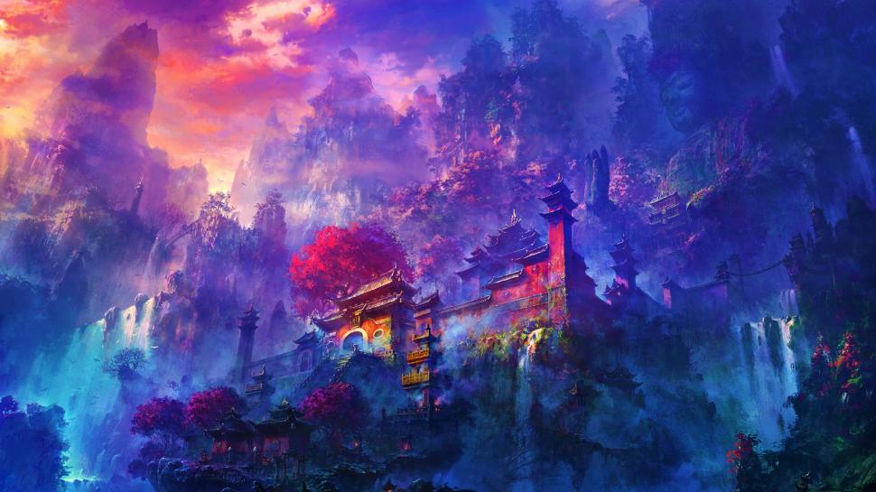 Oriental Mountain Temple wallpaper,abstract HD wallpaper,beautiful HD wallpaper,digital HD wallpaper,3d & abstract HD wallpaper,1920x1080 wallpaper