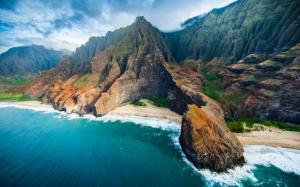 Nature, Landscape, Aerial View, Coast, Beach, Cliff, Sea, Mountain, Clouds, Rock, Kauai wallpaper thumb