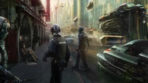Police officers in futuristic city wallpaper thumb