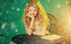 Cute girl, blonde hair, smile, table, book, light wallpaper thumb