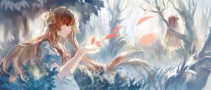 Anime Girl, Petals, Long Hair, Forest wallpaper thumb