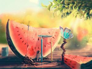 Summer, watermelon, girl, butterfly, art painting wallpaper thumb