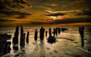 Sunset Clouds Ocean Stilts Wood HDR HD wallpaper thumb