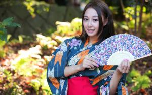 Japanese girl, Asian, kimono, paper fan wallpaper thumb