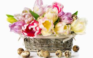 Tulips and quail eggs in the basket wallpaper thumb
