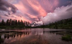 Purple sky, mountains, clouds, forest, lake, sunset wallpaper thumb