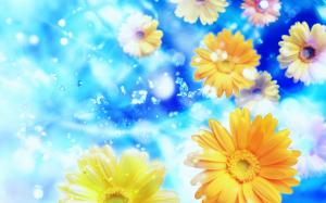 Gerbera, flowers, petals, water, blue background wallpaper thumb