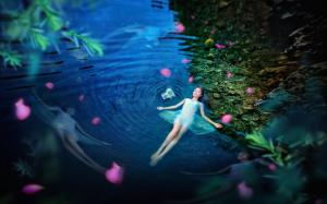Girl lying pond water, blue, night wallpaper thumb