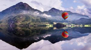 balloon, mountain, lake, reflection wallpaper thumb