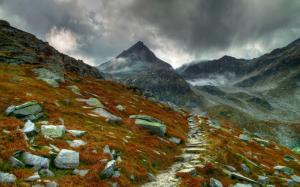 Mountain trail, mountains, rocks, grass, moss, clouds wallpaper thumb