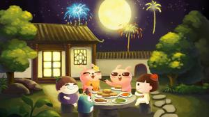 Cold rabbit, Mid-Autumn Festival, moon, moon cake, reunion, fireworks, happy, wallpaper thumb