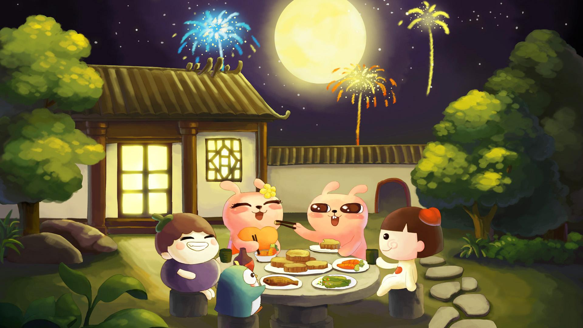 Cold rabbit, Mid-Autumn Festival, moon, moon cake, reunion, fireworks,  happy, wallpaper | other | Wallpaper Better