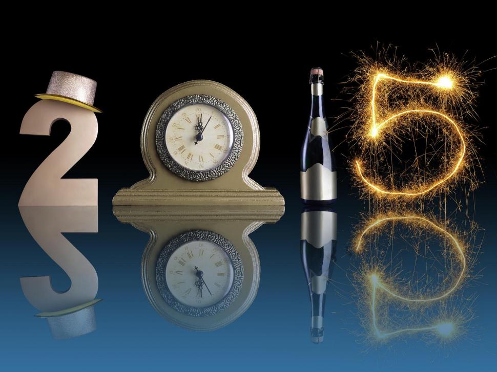 New Year 2015 made of golden digit two, table clock, bottle of champagne and party fireworks with mirror reflection effect wallpaper,new year 2015 wallpaper,new year wallpaper,2015 wallpaper,golden wallpaper,digit two wallpaper,table wallpaper,clock wallpaper,bottle wallpaper,champagne wallpaper,fireworks wallpaper,1600x1200 wallpaper