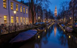 Amsterdam, Holland, houses, boat, river, night wallpaper thumb