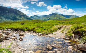 Scotland nature scenery, mountains, grass, stream, rocks, water, valley, clouds wallpaper thumb