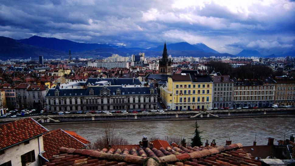 Grenoble On The Rhone Under French Alps wallpaper,river HD wallpaper,city HD wallpaper,mountains HD wallpaper,clouds HD wallpaper,nature & landscapes HD wallpaper,1920x1080 wallpaper