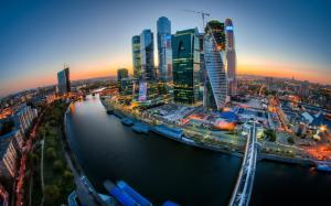 Moscow City, river, bridge, sunset, buildings, lights wallpaper thumb