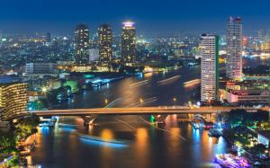 Bangkok, Thailand, city night, river, lights, bridge, boat, buildings wallpaper thumb
