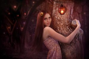 Fantasy Art, Woman, Tree, Lamp wallpaper thumb