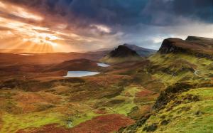 Scotland, Isle of Skye, hills, mountains, lake, sunset, clouds wallpaper thumb