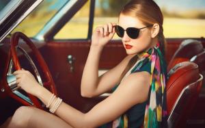 Woman, Model, Sunglasses, Scarf, Bangles, Car, Blonde, Vintage, Sitting wallpaper thumb