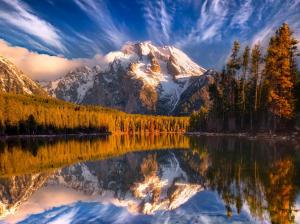 Mountains, snow, forest, trees, lake, water reflection wallpaper thumb