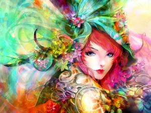 Art painting, girl, eyes, face, flowers, red hair, colorful wallpaper thumb