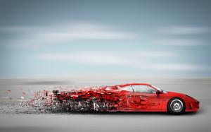 Red sports car in high-speed running, debris creative wallpaper thumb