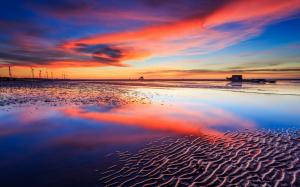 Sea, beach, sunset, boats, red sky wallpaper thumb