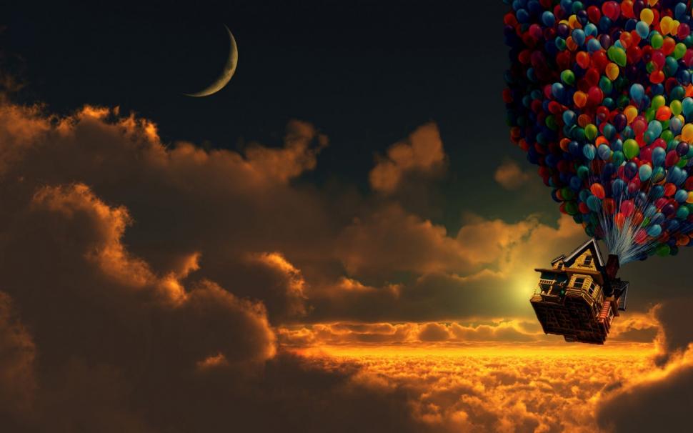 Up, Movie, Sunset, Balloons, House, Moon, Crescent Moon, Clouds wallpaper,up HD wallpaper,movie HD wallpaper,sunset HD wallpaper,balloons HD wallpaper,house HD wallpaper,moon HD wallpaper,crescent moon HD wallpaper,clouds HD wallpaper,1920x1200 wallpaper