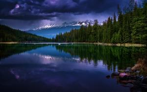 Nature, Landscape, Mountain, Forest, Evening, Lake, Clouds, Snowy Peak, Reflection wallpaper thumb