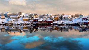 Norway, Lofoten, winter, house, snow, boats, water reflection wallpaper thumb