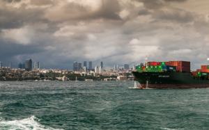 Turkey, Istanbul, City, Cityscape, Ship, Container Ship, Sea, Clouds, Waves, Overcast wallpaper thumb