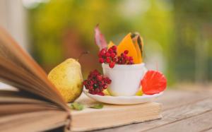 Still life, book, pears, leaves, cup, saucer, berries wallpaper thumb