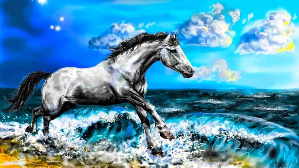 Run With The Wave wallpaper,animals HD wallpaper,ocean HD wallpaper,fantasy HD wallpaper,nature HD wallpaper,grey horse HD wallpaper,horse HD wallpaper,1920x1080 wallpaper