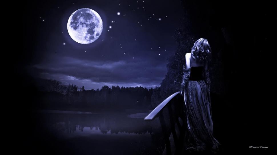 Walking In The Moonlight wallpaper,walking HD wallpaper,fantasy HD wallpaper,blue HD wallpaper,moonlight HD wallpaper,lady HD wallpaper,night HD wallpaper,3d & abstract HD wallpaper,1920x1080 wallpaper