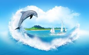 Creative Image, heart-shaped clouds, sea, sailing, dolphin wallpaper thumb